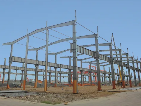 Portal frame steel building structure during installation